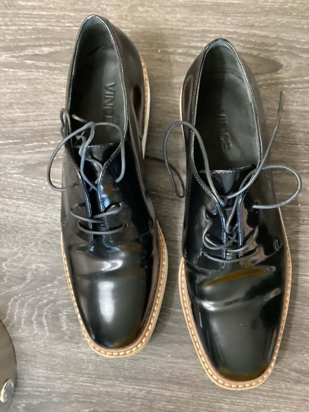 Vince Reed Glazed Leather Platform Oxford Shoes in Black